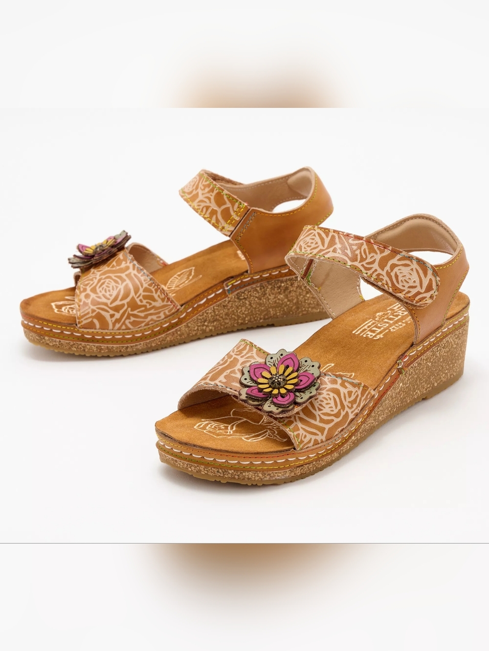 L'Artiste Cuteness Camel Multi Floral Leather Sandals -NWT